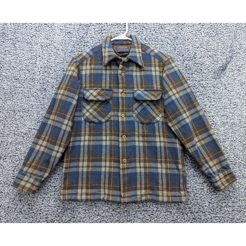 VTG Pendleton 100% Wool Button Up Shacket Size M Plaid Grunge 70's Western Brown